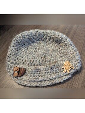 Gray Crochet Baby Hat Gray With Animal Button Detailing Sz 0-12 Months, handmade